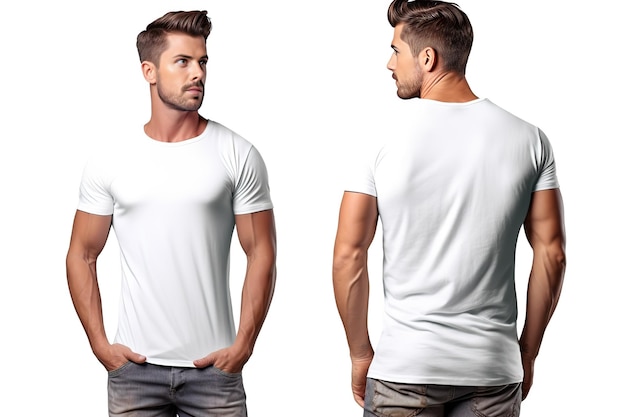 un uomo che indossa una maglietta bianca su sfondo bianco che mostra il lato anteriore e il lato posteriore del mockup della maglietta