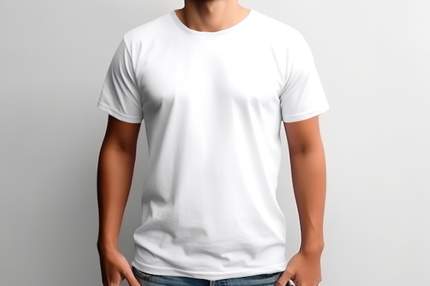 un uomo che indossa una maglietta bianca su sfondo bianco per il tuo mockup di disegni