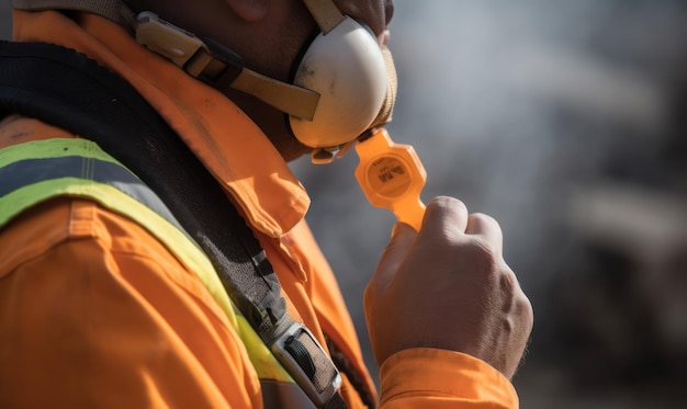 Un uomo che indossa una maschera antigas tiene in mano un oggetto giallo.