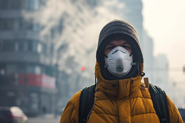 un uomo che indossa una maschera contro l'inquinamento atmosferico