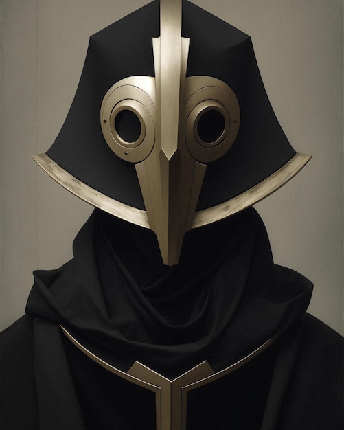 Un uomo che indossa una maschera nera con una maschera nera e una faccia d'oro.