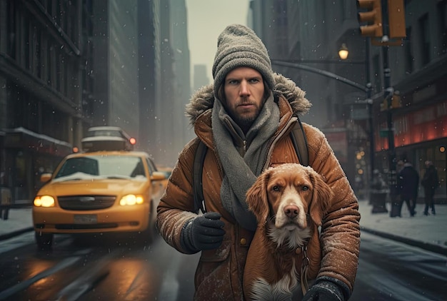 un uomo che indossa una sciarpa e un cappotto d'inverno cammina con il suo cane marrone nel traffico al centro della città