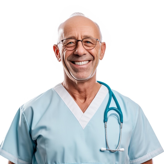 Un uomo che indossa uno stetoscopio e uno stetoscopio è in piedi davanti a uno sfondo bianco.