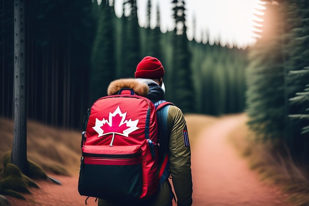 Un uomo che indossa uno zaino rosso con una foglia d'acero canadese sulla schiena cammina lungo un sentiero in una foresta