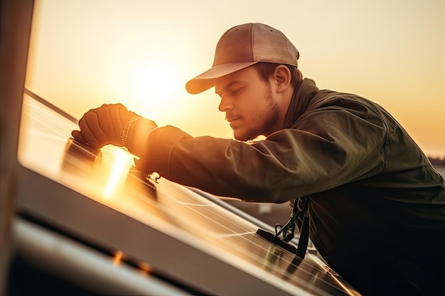 Un uomo che installa un pannello solare su un tetto