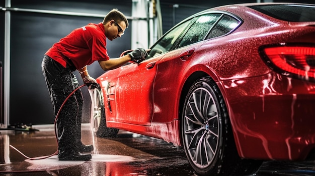 Un uomo che lava un'auto in un garage