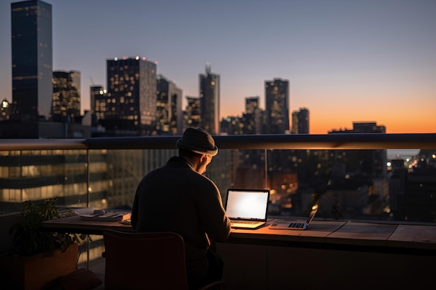 Un uomo che lavora a distanza con una splendida vista panoramica della città serale dopo il tramonto generativo ai