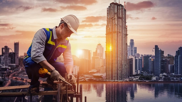 un uomo che lavora in un cantiere di costruzione con una città sullo sfondo