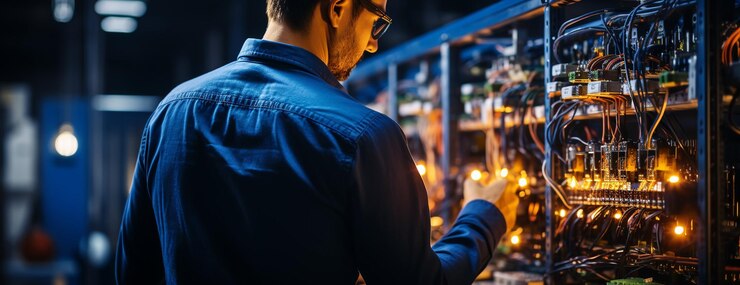 Un uomo che lavora in un centro dati di ricerca