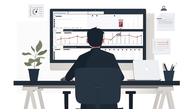 un uomo che lavora su un computer con un grafico che mostra un uomo che lo lavora