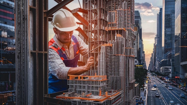 un uomo che lavora su un edificio con una gru da costruzione sullo sfondo