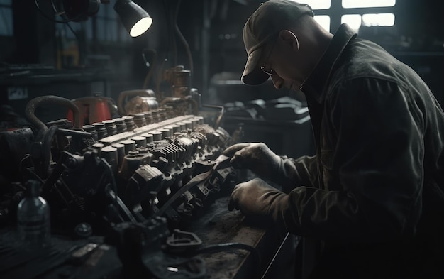 Un uomo che lavora su un motore in una stanza buia con una luce sul lato sinistro.