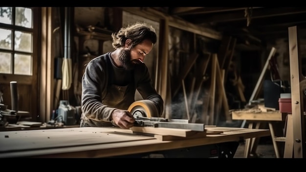 Un uomo che lavora su un pezzo di legno con una grande lama che dice 'la parola legno' su di esso