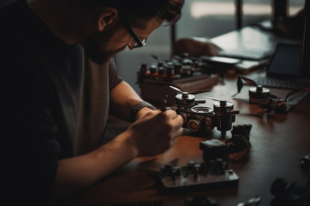 Un uomo che lavora su un set di orologi