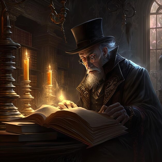 un uomo che legge un libro con una candela sullo sfondo