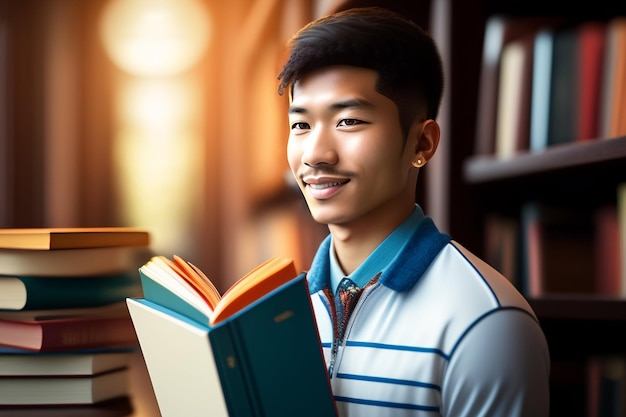 Un uomo che legge un libro in una biblioteca.