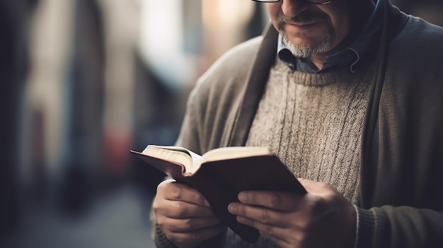 Un uomo che legge un libro su uno sfondo scuro.