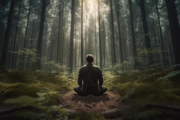 Un uomo che medita in una foresta con il sole che splende attraverso gli alberi