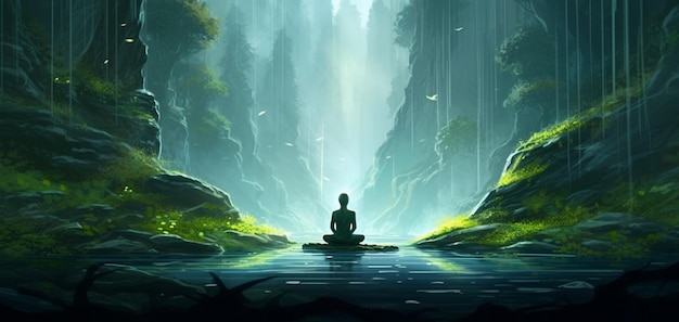 Un uomo che medita in una foresta con le parole "meditazione" sul muro.