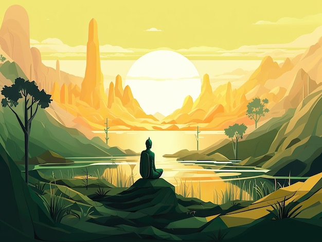 Un uomo che medita nello yoga davanti alla vista sulle montagne all'illustrazione di arte digitale del paesaggio di alba