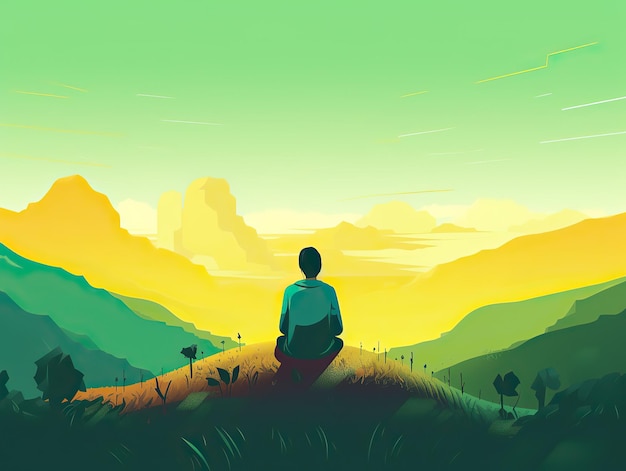 Un uomo che medita nello yoga davanti alla vista sulle montagne all'illustrazione di arte digitale del paesaggio di alba