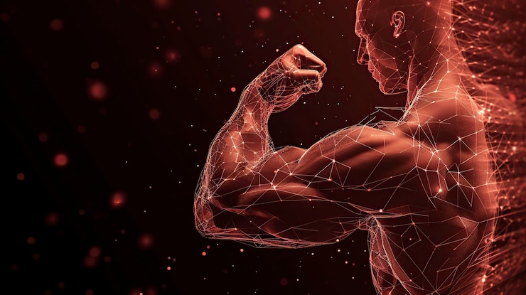 Foto un uomo che mostra la potenza dei suoi muscoli fisico poligonale