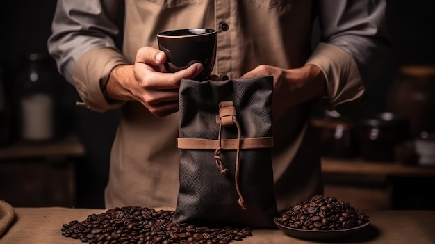 Un uomo che mostra una borsa di caffè nero vuota