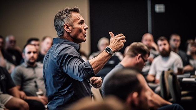 Un uomo che parla a un gruppo di persone in una sala conferenze.