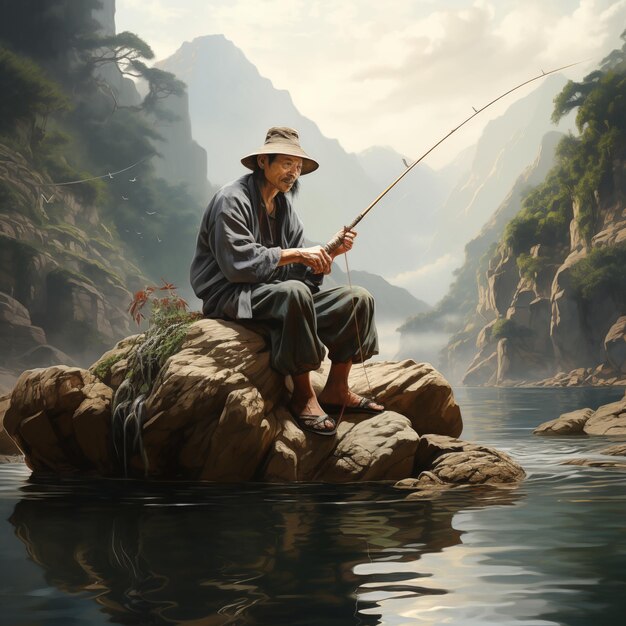 Un uomo che pesca nella riva tranquilla