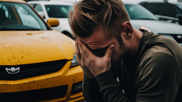 Un uomo che piange si copre la faccia con le mani in piedi in mezzo alla strada