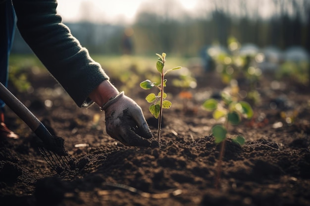 Un uomo che pianta un albero in un giardino IA generativa