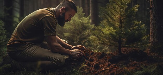un uomo che pianta un albero nella foresta