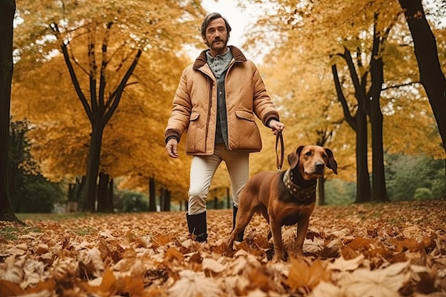 Un uomo che porta a spasso il suo cane in un parco con foglie Generative Ai