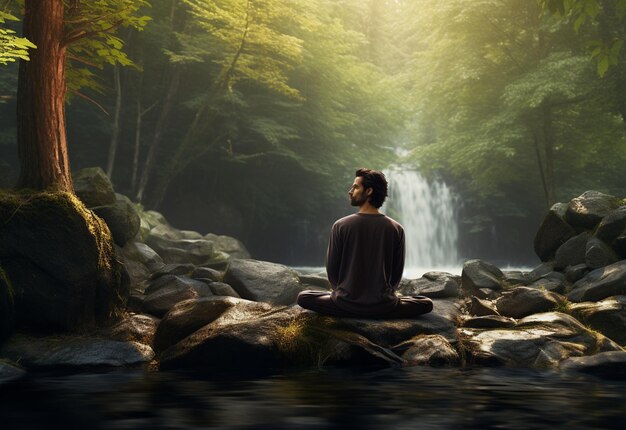 Un uomo che pratica la consapevolezza e la meditazione in un ambiente naturale tranquillo