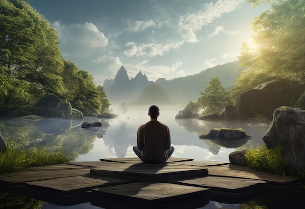 Un uomo che pratica la consapevolezza e la meditazione in un ambiente naturale tranquillo