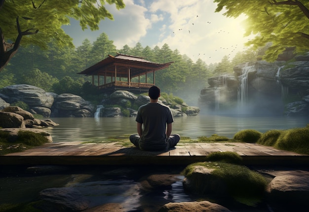 Un uomo che pratica la consapevolezza e la meditazione in un ambiente naturale tranquillo