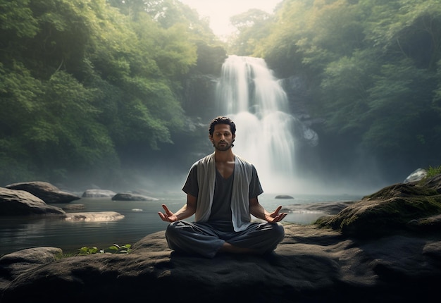 Un uomo che pratica la consapevolezza e la meditazione in un tranquillo ambiente naturale