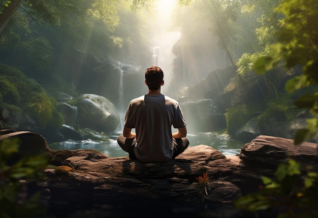 Un uomo che pratica la consapevolezza e la meditazione in un tranquillo ambiente naturale