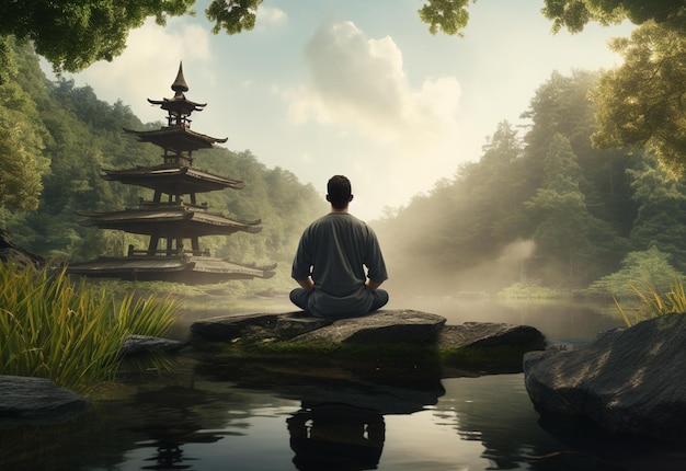 Un uomo che pratica la consapevolezza e la meditazione in un tranquillo ambiente naturale