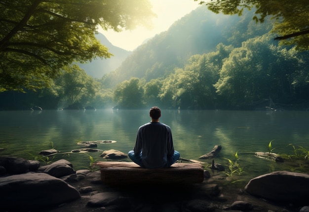 Un uomo che pratica la consapevolezza e la meditazione in un tranquillo ambiente naturale