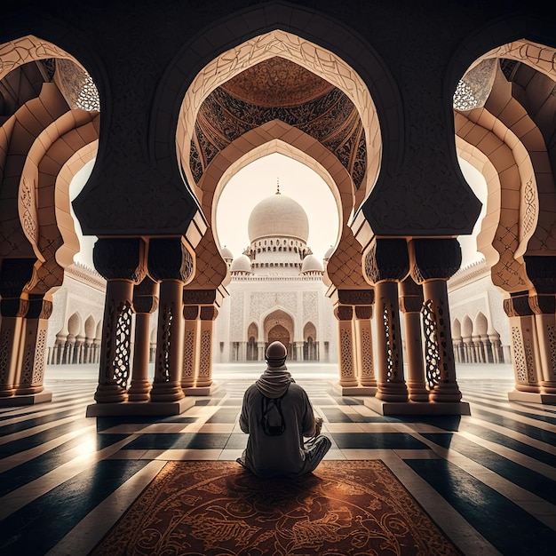 Un uomo che prega all'interno di una moschea splendidamente strutturata