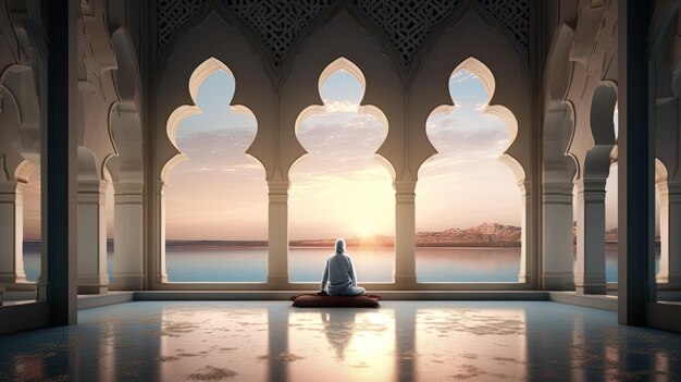 un uomo che prega davanti a una moschea.