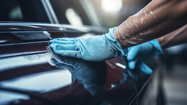 Un uomo che pulisce un'auto con un tessuto in microfibra dettagliando l'auto o il concetto di valeting Sfondi di lavaggio auto