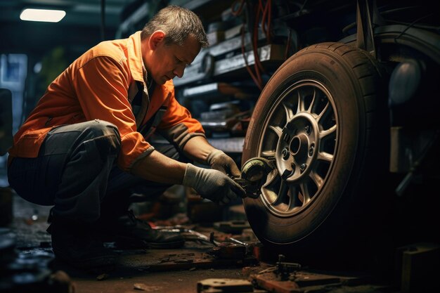 Un uomo che ripara abilmente una gomma in un garage circondato da strumenti e attrezzature che assicurano le prestazioni ottimali dei veicoli meccanico che cambia la ruota AI generato