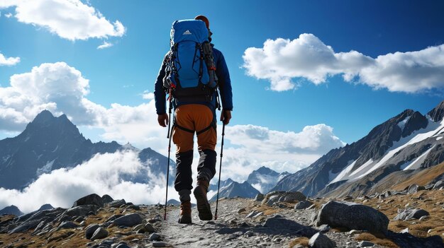 Un uomo che sale in montagna