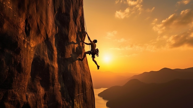 Un uomo che scala una montagna con il sole che tramonta dietro di lui