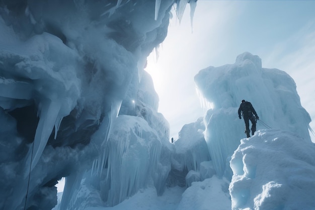 Un uomo che scala una montagna innevata con ghiaccio e ghiaccioli che pendono dal soffitto.