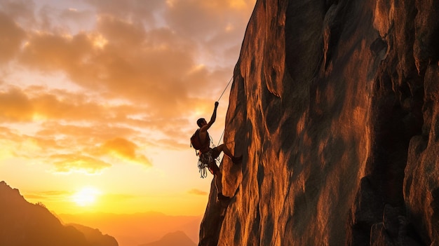 Un uomo che si arrampica su una roccia con il sole che tramonta dietro di lui