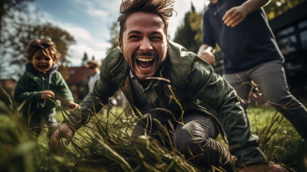 Un uomo che si diverte a ridere con gli amici in un campo di erba verde lussureggiante