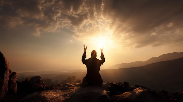 Un uomo che si inginocchia e prega per Dio percorso di connessione spirituale verso Dio che prega per il concetto di DIO